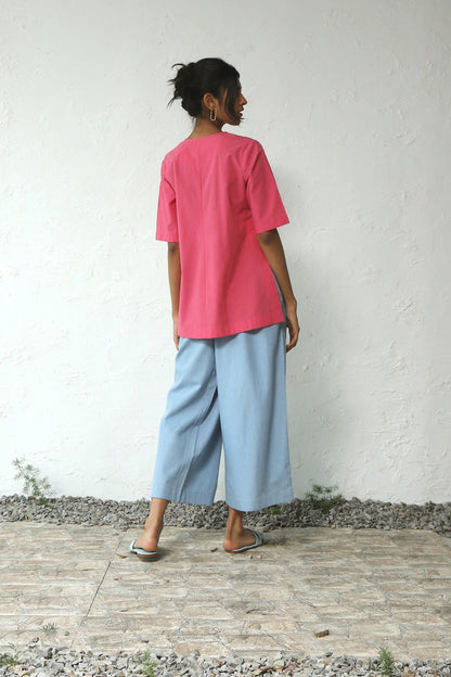 Pink Top With Blue Pant Set at Kamakhyaa by Canoopi. This item is Blue, Canoopi, Casual Wear, Complete Sets, Denim, Natural, Pink, Poplin, Regular Fit, Solids, Vacation Co-ords, Womenswear