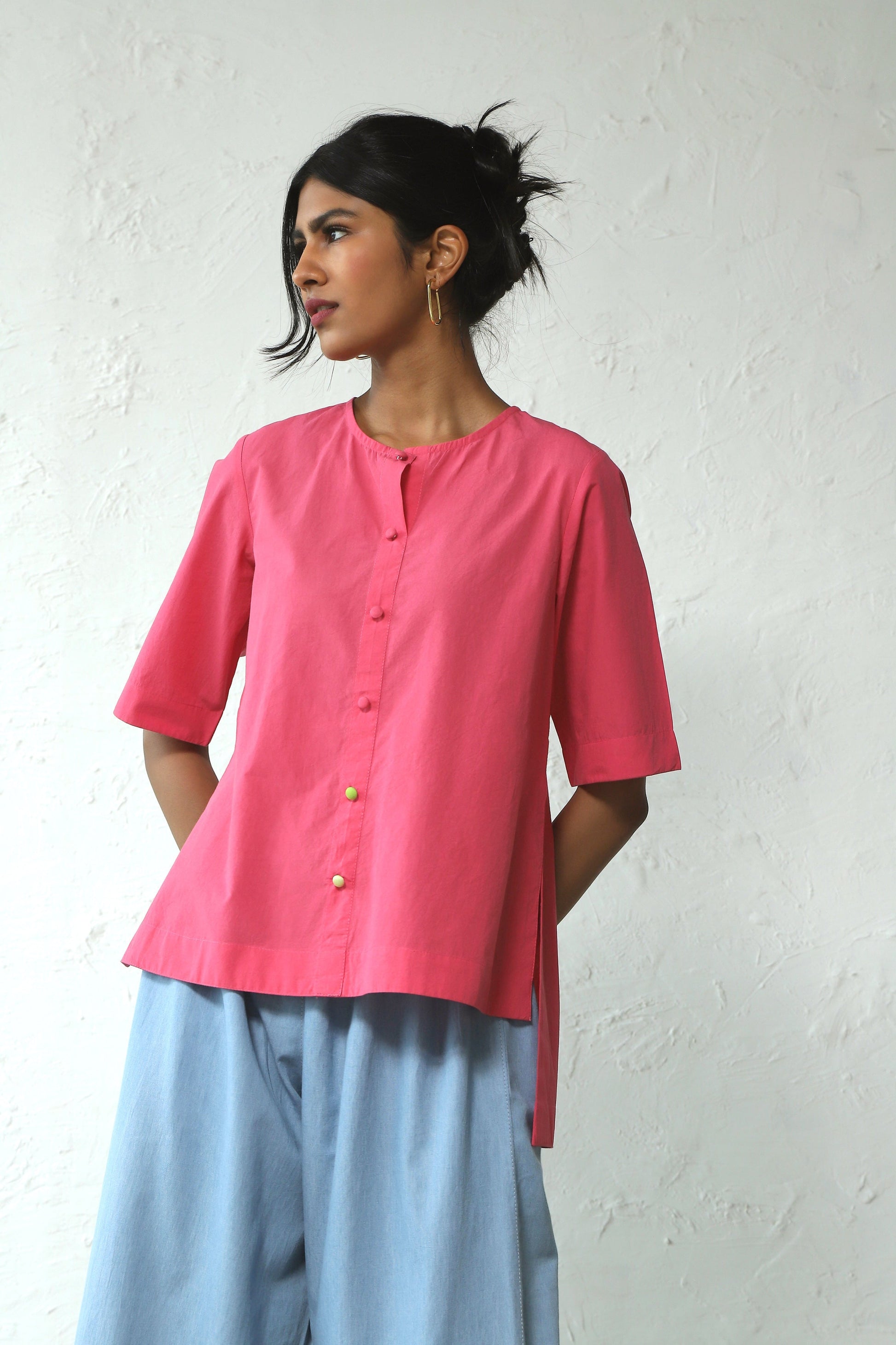 Pink Top With Blue Pant Set at Kamakhyaa by Canoopi. This item is Blue, Canoopi, Casual Wear, Complete Sets, Denim, Natural, Pink, Poplin, Regular Fit, Solids, Vacation Co-ords, Womenswear