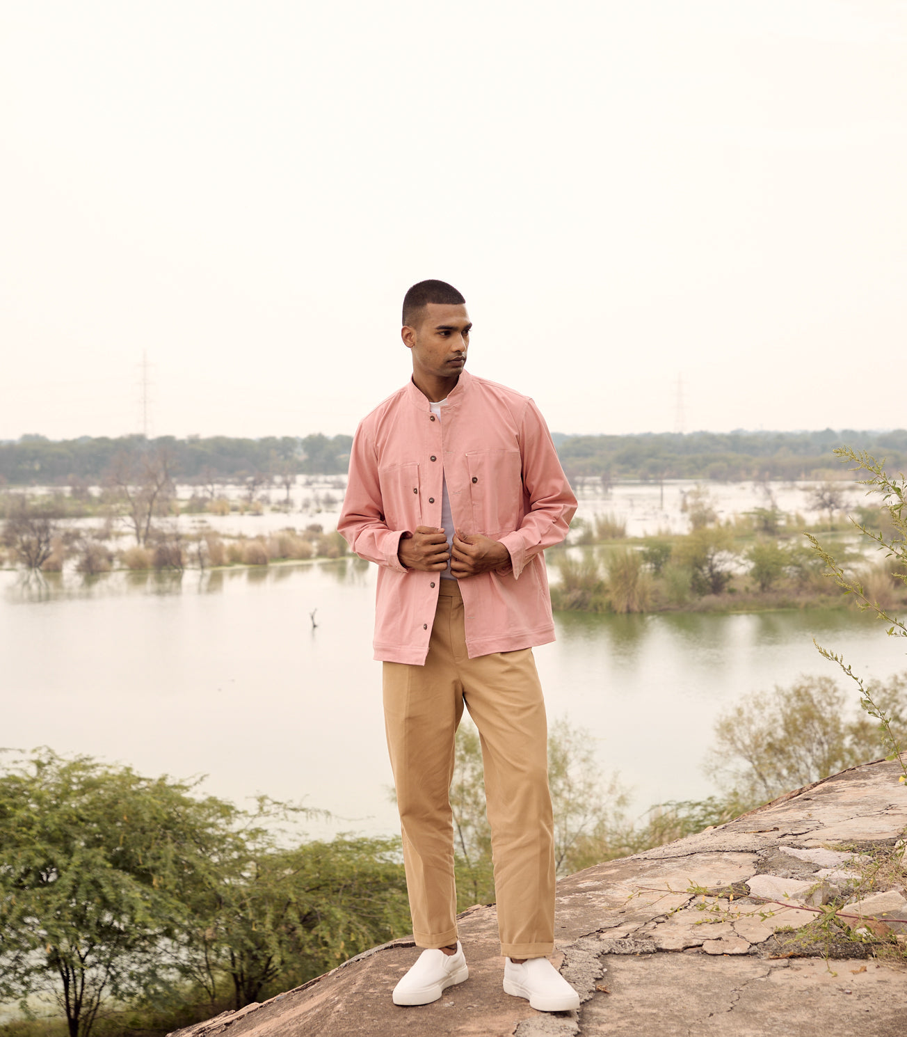 Pink Twill Cotton Mandarin Collar Jacket at Kamakhyaa by Khara Kapas. This item is Birdsong, Casual Wear, Cotton, Jackets, kharakapas, Menswear, Natural, Pink, Regular Fit, Solids, Twill