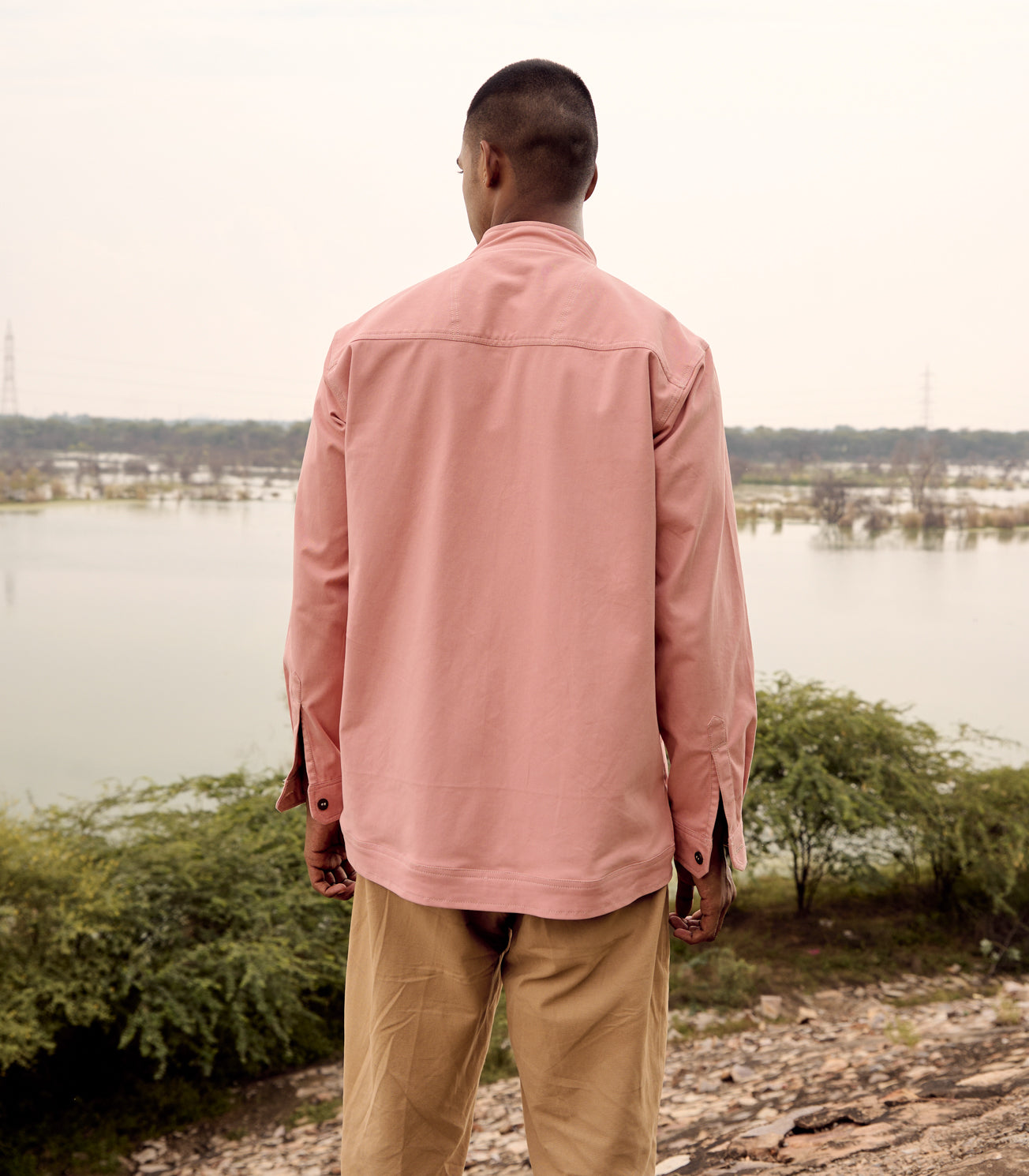 Pink Twill Cotton Mandarin Collar Jacket at Kamakhyaa by Khara Kapas. This item is Birdsong, Casual Wear, Cotton, Jackets, kharakapas, Menswear, Natural, Pink, Regular Fit, Solids, Twill
