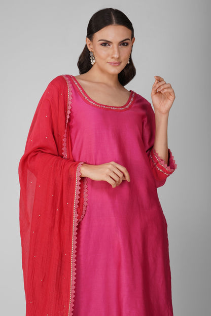 Pink Two-Tone Kurta Pant Set at Kamakhyaa by Devyani Mehrotra. This item is Chanderi, Embellished, Indian Wear, Natural, Party Wear, Pink, Regular Fit, Womenswear