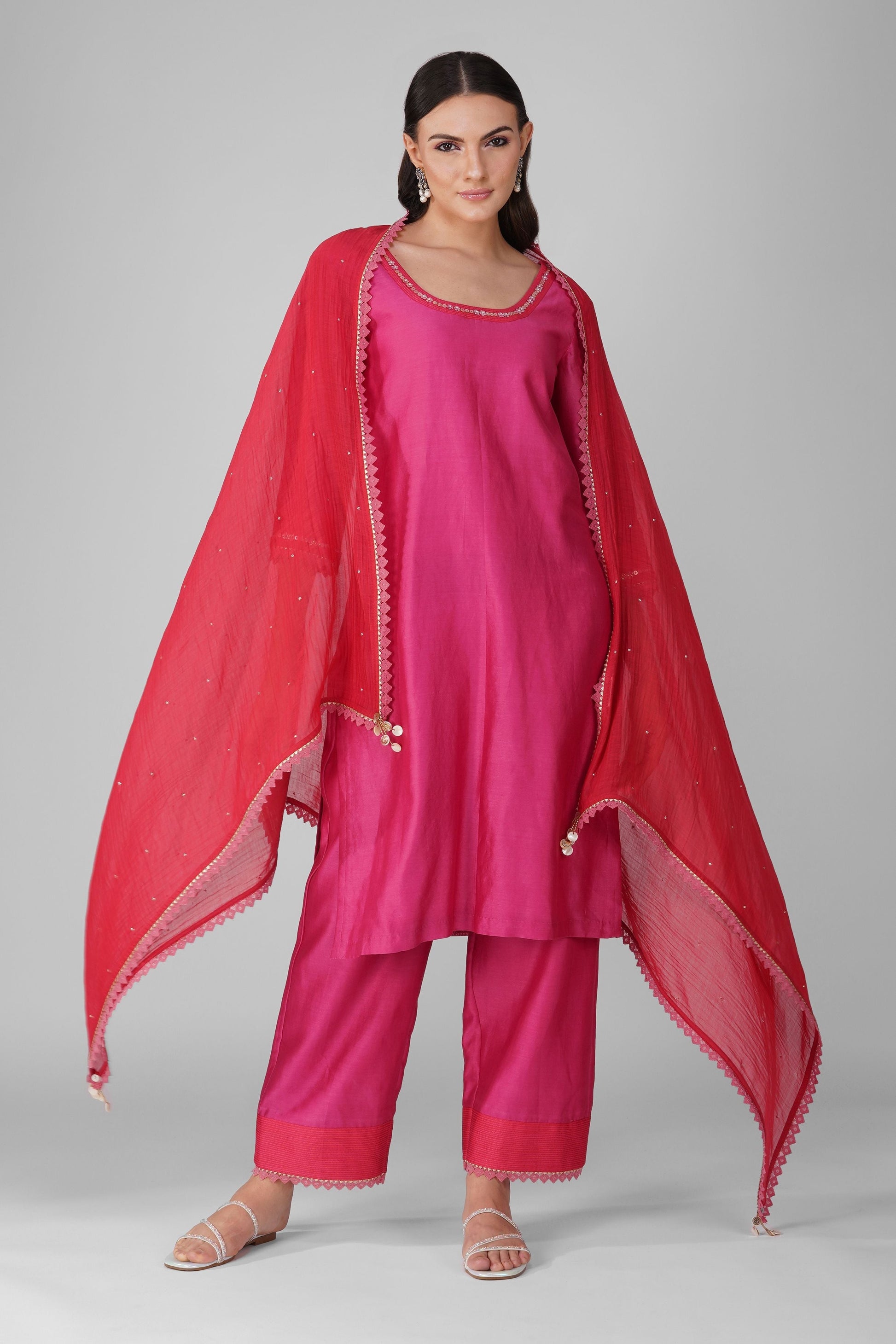 Pink Two-Tone Kurta Pant Set at Kamakhyaa by Devyani Mehrotra. This item is Chanderi, Embellished, Indian Wear, Natural, Party Wear, Pink, Regular Fit, Womenswear