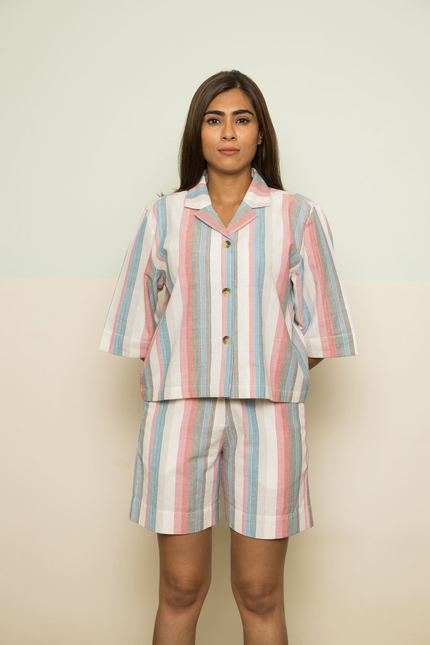 Pink Vacation Co-ord at Kamakhyaa by Anushé Pirani. This item is 100% Cotton, Casual Wear, Handwoven, Handwoven Cotton, Lounge Wear Co-ords, Pink, Regular Fit, Stripes, The Co-ord Edit, Womenswear