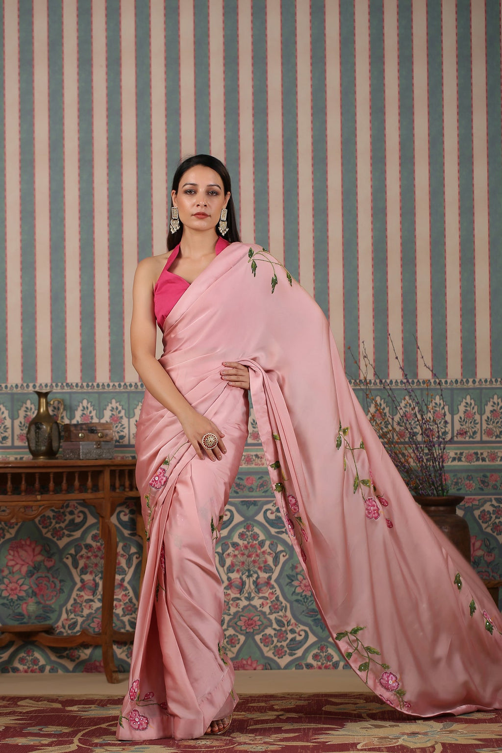 Pink pre draped saree at Kamakhyaa by MOH-The Eternal Dhaga. This item is Cotton, Festive Wear, Free Size, Moh-The eternal Dhaga, Natural, Pink, Prints, Saree Sets, Womenswear