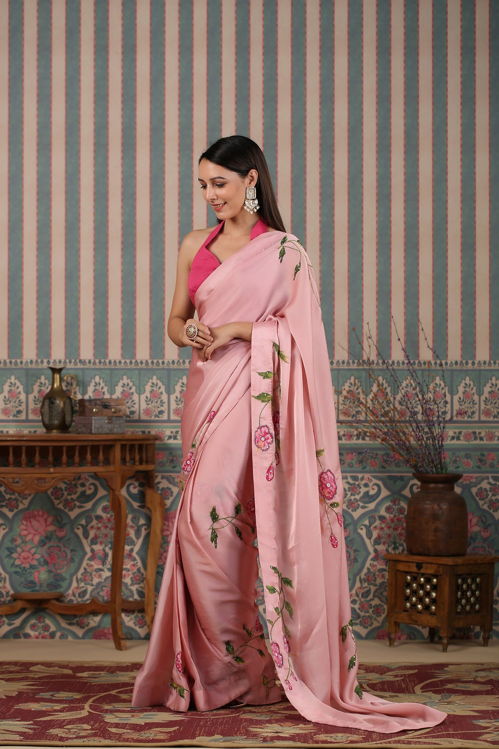 Pink pre draped saree at Kamakhyaa by MOH-The Eternal Dhaga. This item is Cotton, Festive Wear, Free Size, Moh-The eternal Dhaga, Natural, Pink, Prints, Saree Sets, Womenswear