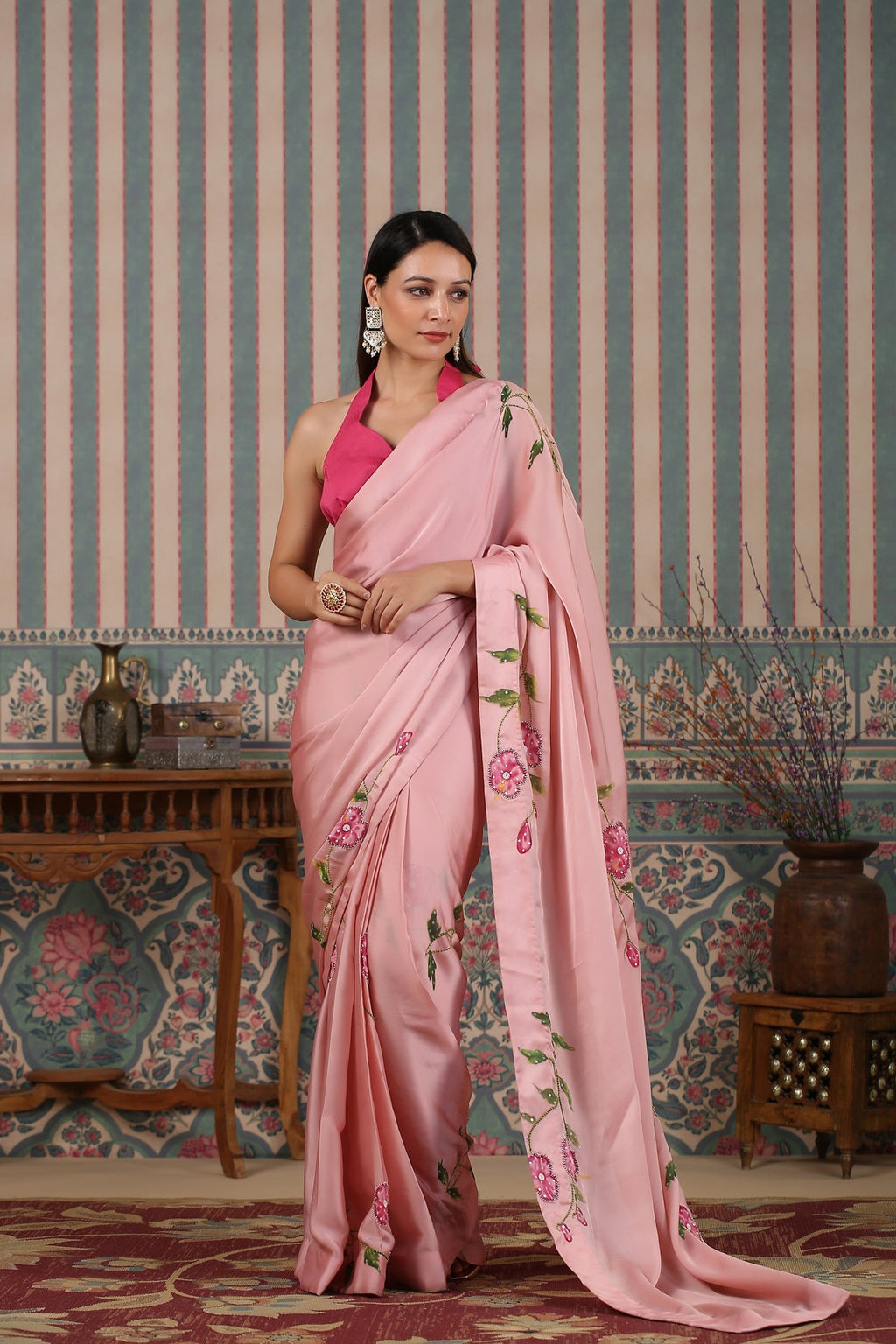 Pink pre draped saree at Kamakhyaa by MOH-The Eternal Dhaga. This item is Cotton, Festive Wear, Free Size, Moh-The eternal Dhaga, Natural, Pink, Prints, Saree Sets, Womenswear