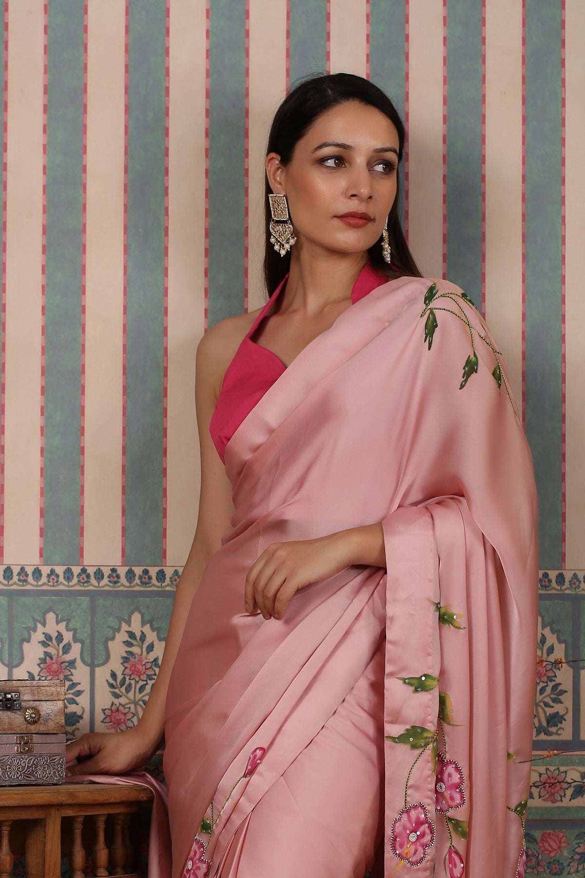 Pink pre draped saree at Kamakhyaa by MOH-The Eternal Dhaga. This item is Cotton, Festive Wear, Free Size, Moh-The eternal Dhaga, Natural, Pink, Prints, Saree Sets, Womenswear
