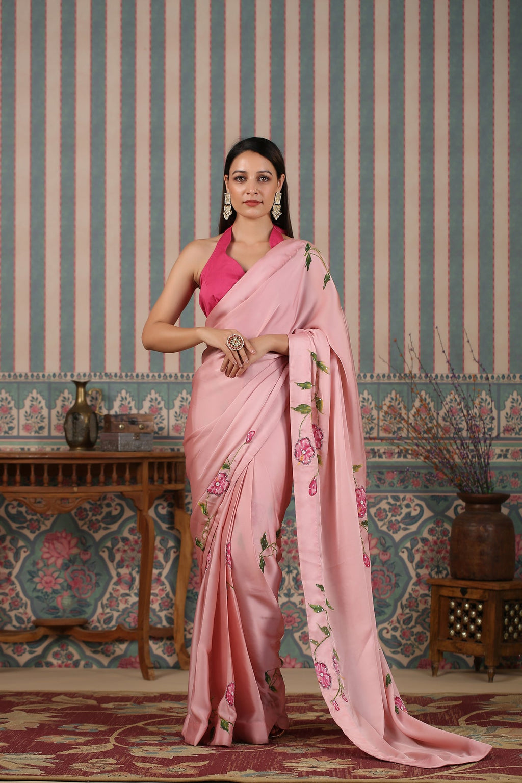 Pink pre draped saree at Kamakhyaa by MOH-The Eternal Dhaga. This item is Cotton, Festive Wear, Free Size, Moh-The eternal Dhaga, Natural, Pink, Prints, Saree Sets, Womenswear