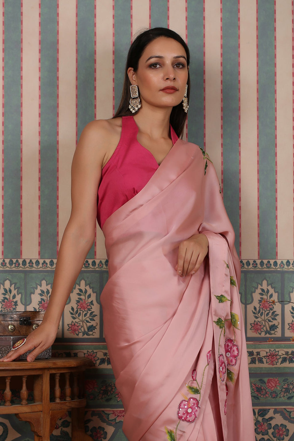 Pink pre draped saree at Kamakhyaa by MOH-The Eternal Dhaga. This item is Cotton, Festive Wear, Free Size, Moh-The eternal Dhaga, Natural, Pink, Prints, Saree Sets, Womenswear