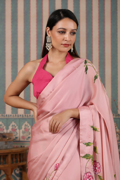 Pink pre draped saree at Kamakhyaa by MOH-The Eternal Dhaga. This item is Cotton, Festive Wear, Free Size, Moh-The eternal Dhaga, Natural, Pink, Prints, Saree Sets, Womenswear