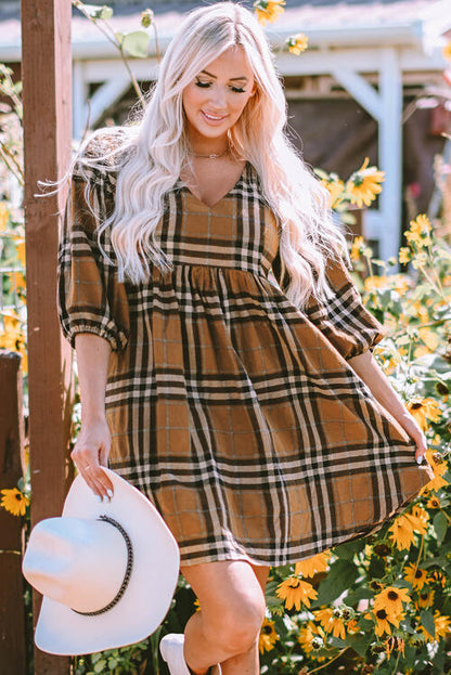 Plaid V-Neck Balloon Sleeve Dress at Kamakhyaa by Trendsi. This item is Ship From Overseas, SYNZ, Trendsi, Womenswear