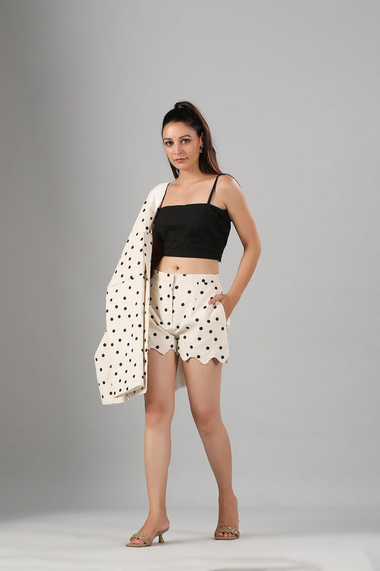 Polka Blazer Co Ord Set at Kamakhyaa by MOH-The Eternal Dhaga. This item is Cotton, Cotton Slub, Moh-The eternal Dhaga, Natural, Polka Dots, Prints, Regular Fit, Resort Wear, Vacation Co-ords, White, Womenswear