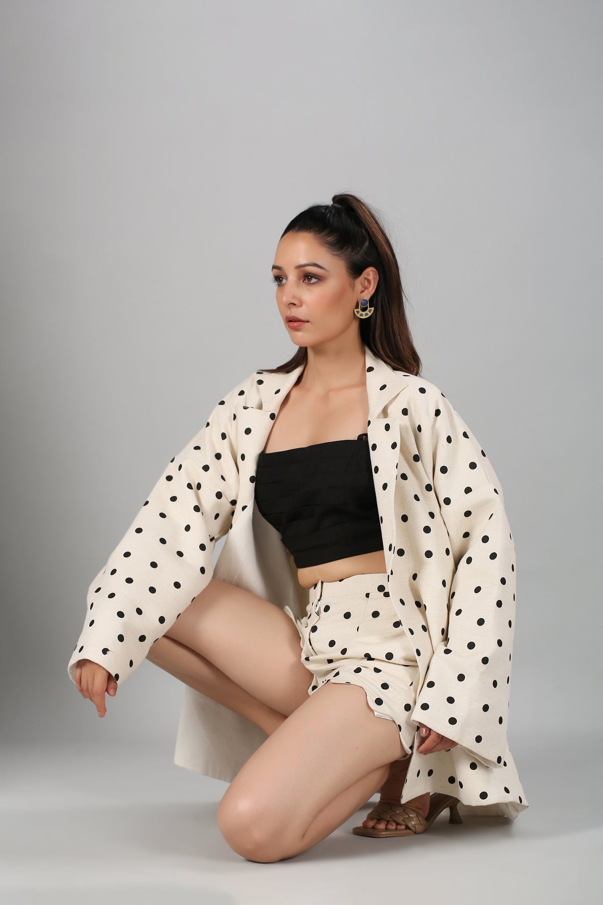 Polka Blazer Co Ord Set at Kamakhyaa by MOH-The Eternal Dhaga. This item is Cotton, Cotton Slub, Moh-The eternal Dhaga, Natural, Polka Dots, Prints, Regular Fit, Resort Wear, Vacation Co-ords, White, Womenswear