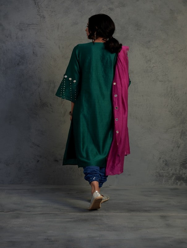 Pop Green kurta Set With Jogger at Kamakhyaa by Charkhee. This item is Chanderi, Cotton, Embellished, Ethnic Wear, Green, Indian Wear, Kurta Salwar Sets, Kurta Set With Dupatta, Mirror Work, Natural, Relaxed Fit, Tyohaar, Womenswear