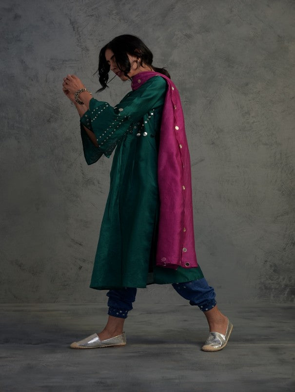 Pop Green kurta Set With Jogger at Kamakhyaa by Charkhee. This item is Chanderi, Cotton, Embellished, Ethnic Wear, Green, Indian Wear, Kurta Salwar Sets, Kurta Set With Dupatta, Mirror Work, Natural, Relaxed Fit, Tyohaar, Womenswear