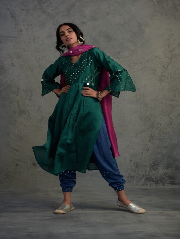 Pop Green kurta Set With Jogger at Kamakhyaa by Charkhee. This item is Chanderi, Cotton, Embellished, Ethnic Wear, Green, Indian Wear, Kurta Salwar Sets, Kurta Set With Dupatta, Mirror Work, Natural, Relaxed Fit, Tyohaar, Womenswear