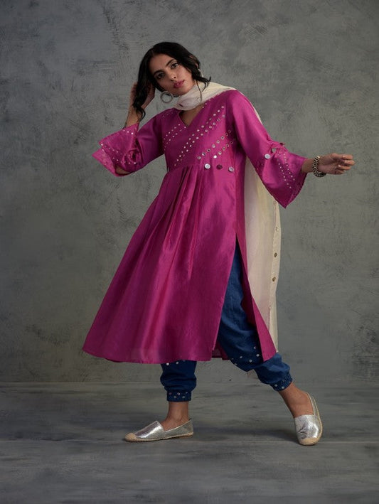 Pop Pink Chanderi Set With Jogger at Kamakhyaa by Charkhee. This item is Chanderi, Cotton, Embellished, Ethnic Wear, Indian Wear, Kurta Salwar Sets, Kurta Set With Dupatta, Mirror Work, Natural, Pink, Relaxed Fit, Tyohaar, Womenswear