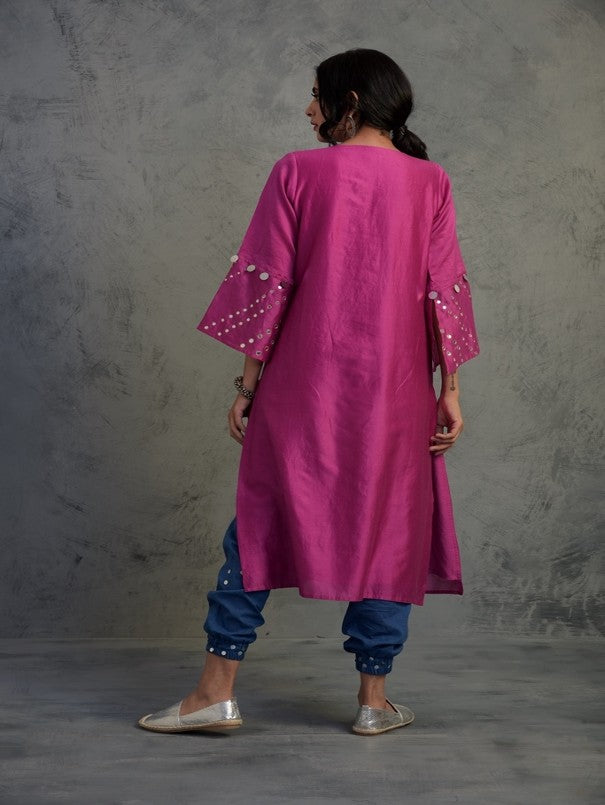 Pop Pink Chanderi Set With Jogger at Kamakhyaa by Charkhee. This item is Chanderi, Cotton, Embellished, Ethnic Wear, Indian Wear, Kurta Salwar Sets, Kurta Set With Dupatta, Mirror Work, Natural, Pink, Relaxed Fit, Tyohaar, Womenswear