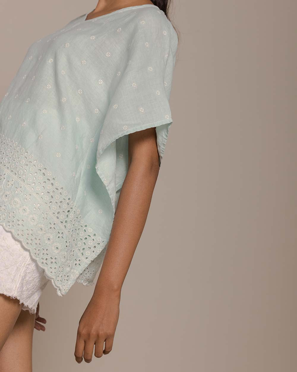 Popsicles & Carousels Kaftan Top - Sage Mint at Kamakhyaa by Reistor. This item is Blue, Casual Wear, Embroidered, Hemp, Kaftans, Natural, Tops, Womenswear