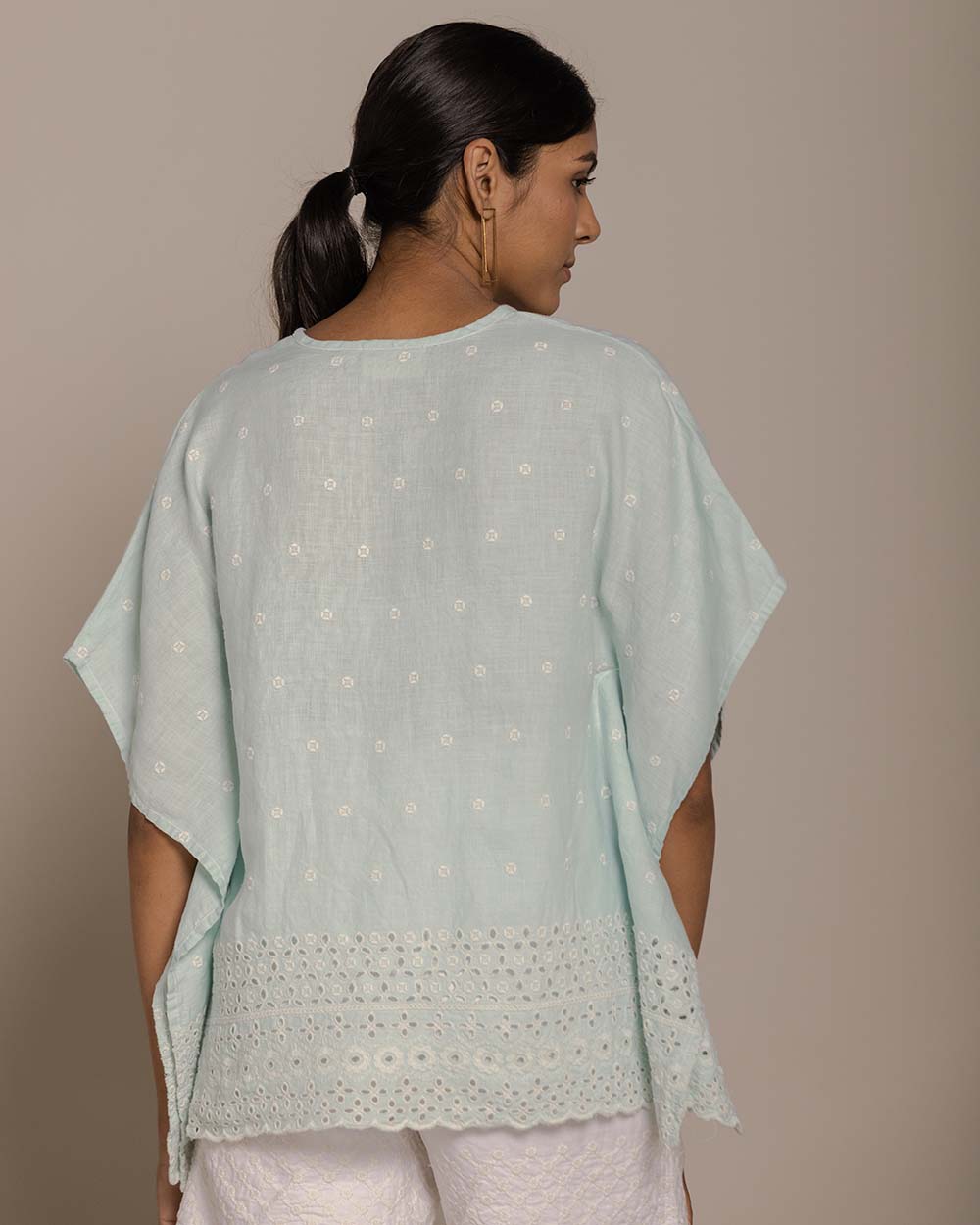 Popsicles & Carousels Kaftan Top - Sage Mint at Kamakhyaa by Reistor. This item is Blue, Casual Wear, Embroidered, Hemp, Kaftans, Natural, Tops, Womenswear
