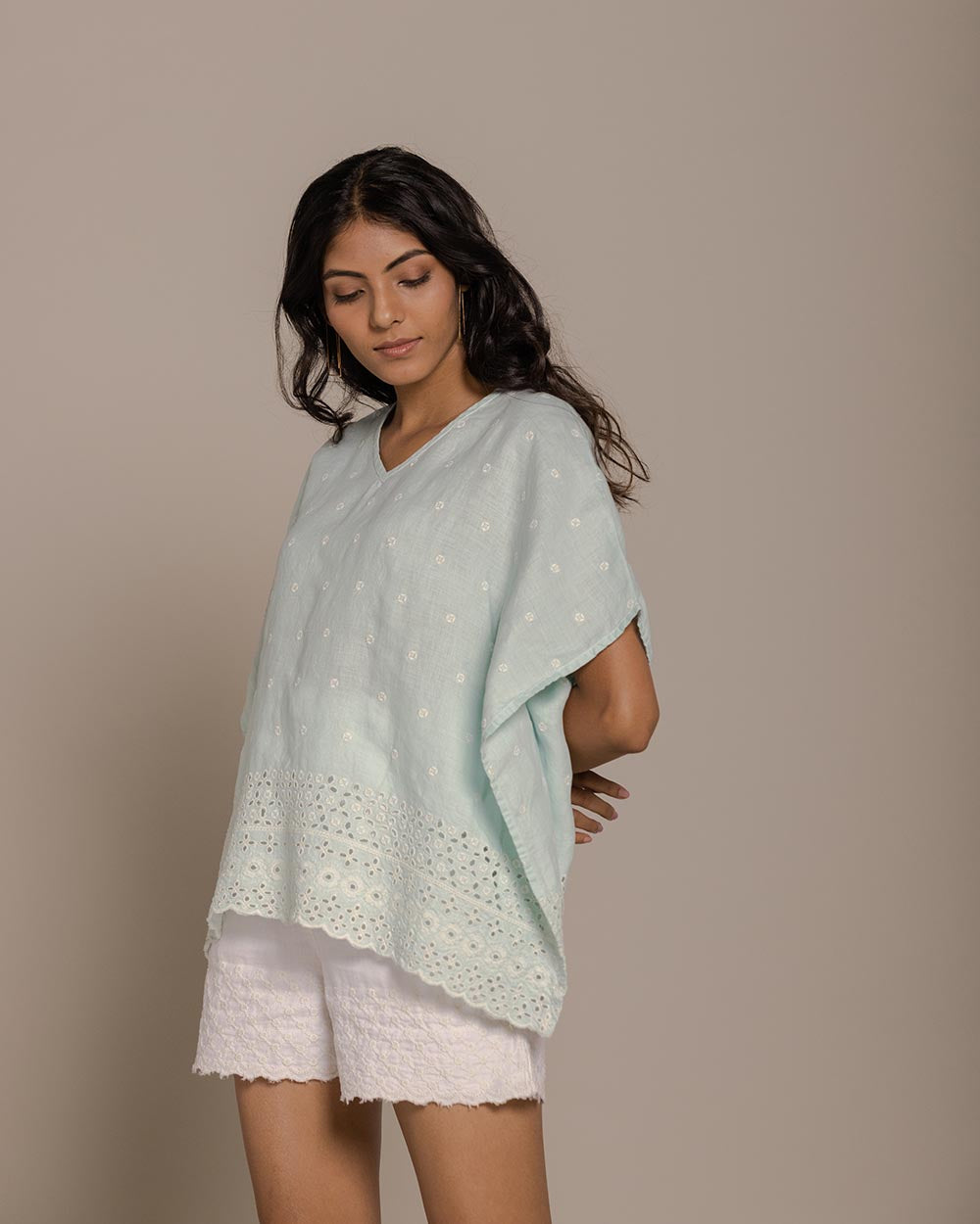 Popsicles & Carousels Kaftan Top - Sage Mint at Kamakhyaa by Reistor. This item is Blue, Casual Wear, Embroidered, Hemp, Kaftans, Natural, Tops, Womenswear