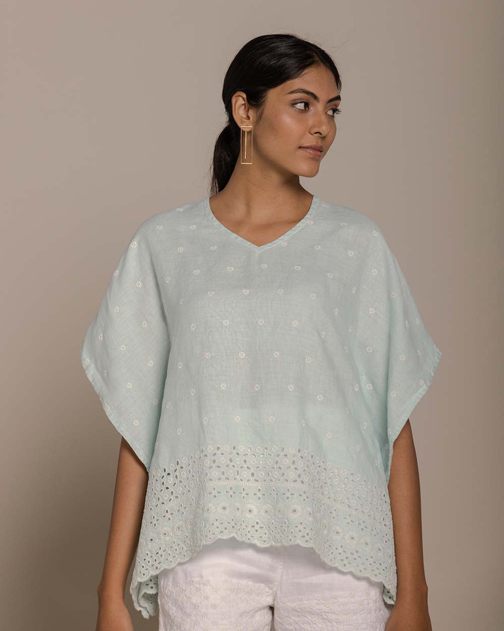 Popsicles & Carousels Kaftan Top - Sage Mint at Kamakhyaa by Reistor. This item is Blue, Casual Wear, Embroidered, Hemp, Kaftans, Natural, Tops, Womenswear
