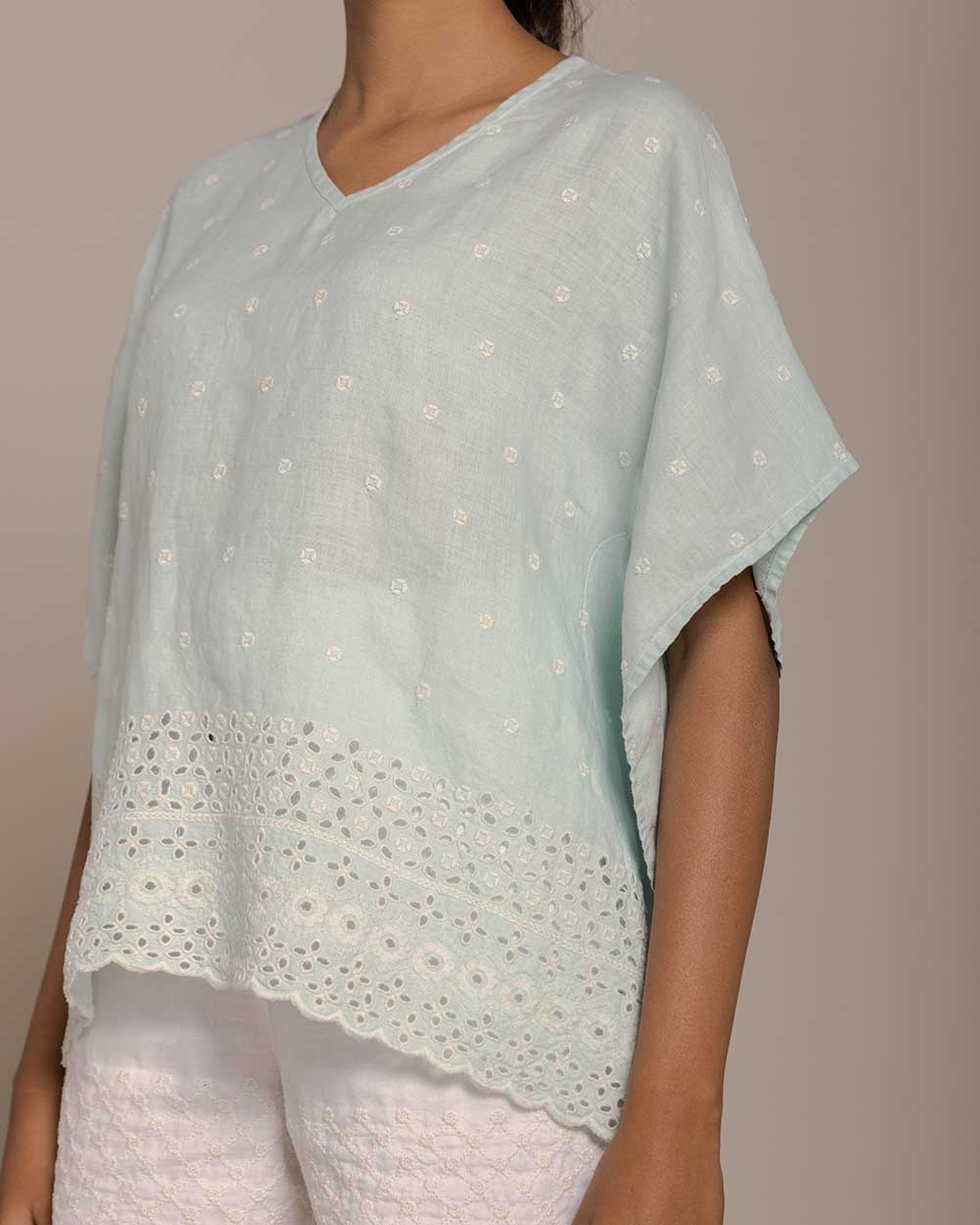 Popsicles & Carousels Kaftan Top - Sage Mint at Kamakhyaa by Reistor. This item is Blue, Casual Wear, Embroidered, Hemp, Kaftans, Natural, Tops, Womenswear