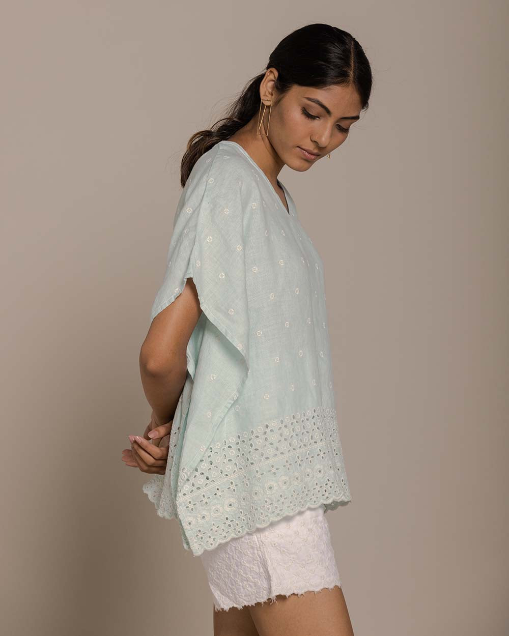 Popsicles & Carousels Kaftan Top - Sage Mint at Kamakhyaa by Reistor. This item is Blue, Casual Wear, Embroidered, Hemp, Kaftans, Natural, Tops, Womenswear