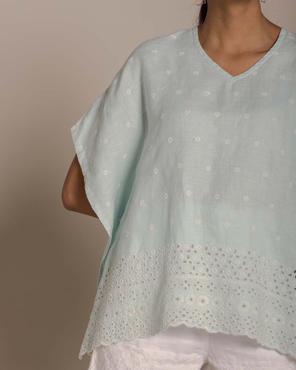 Popsicles & Carousels Kaftan Top - Sage Mint at Kamakhyaa by Reistor. This item is Blue, Casual Wear, Embroidered, Hemp, Kaftans, Natural, Tops, Womenswear