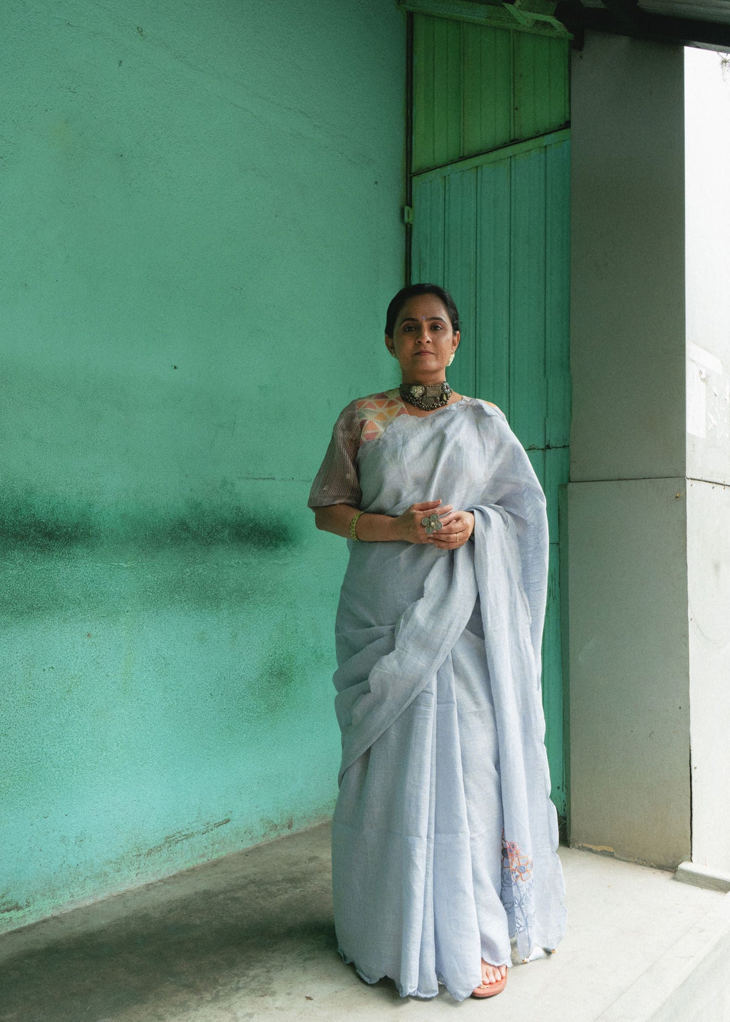 Powder Blue Cutwork Saree at Kamakhyaa by Aeka. This item is Blue, Cutwork, Festive Wear, For Mother, Indian Wear, Linen, Natural, Regular Fit, Saree Sets, Womenswear