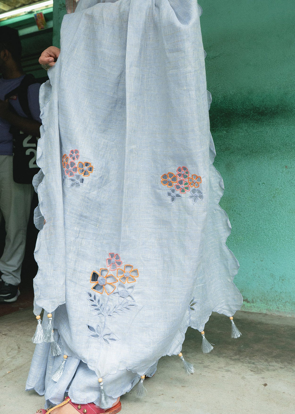 Powder Blue Cutwork Saree at Kamakhyaa by Aeka. This item is Blue, Cutwork, Festive Wear, For Mother, Indian Wear, Linen, Natural, Regular Fit, Saree Sets, Womenswear
