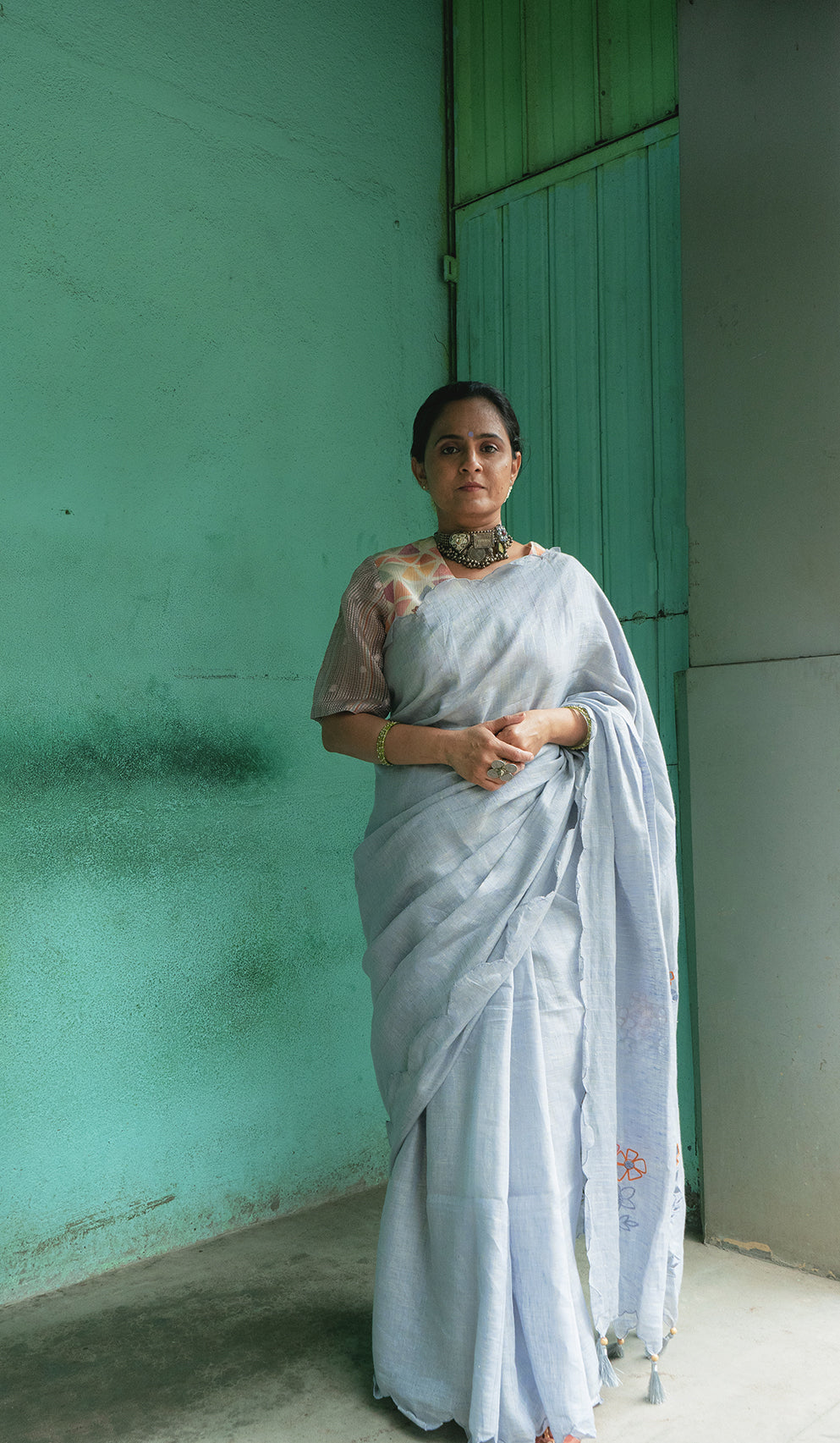 Powder Blue Cutwork Saree at Kamakhyaa by Aeka. This item is Blue, Cutwork, Festive Wear, For Mother, Indian Wear, Linen, Natural, Regular Fit, Saree Sets, Womenswear