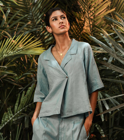 Powder Blue Two Piece Set at Kamakhyaa by Khara Kapas. This item is Blue, Co-ord Sets, Linen, Lost In paradise, Lounge Wear Co-ords, Natural, Relaxed Fit, Resort Wear, Short Sets, Solids, Travel Co-ords, Womenswear