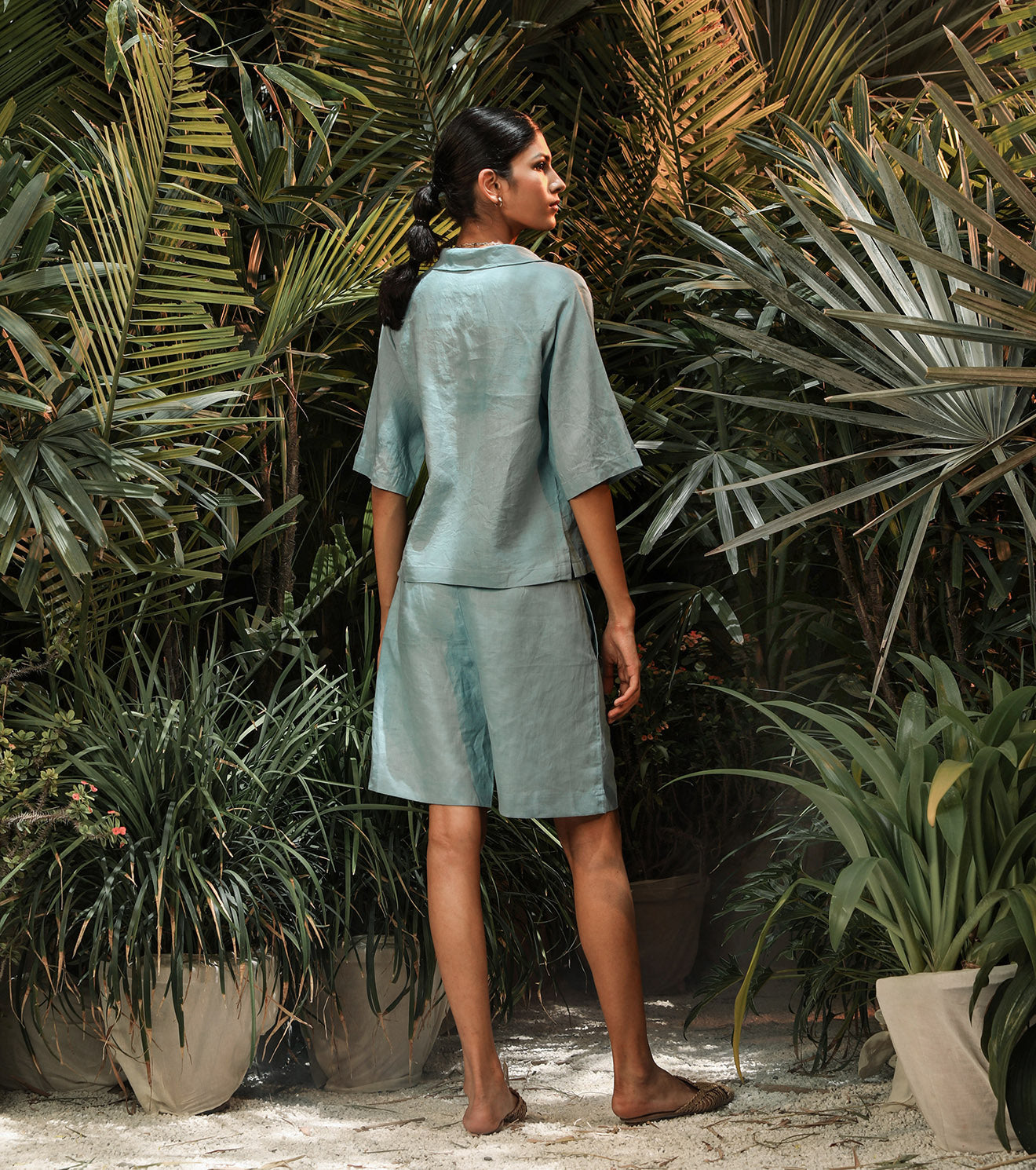 Powder Blue Two Piece Set at Kamakhyaa by Khara Kapas. This item is Blue, Co-ord Sets, Linen, Lost In paradise, Lounge Wear Co-ords, Natural, Relaxed Fit, Resort Wear, Short Sets, Solids, Travel Co-ords, Womenswear