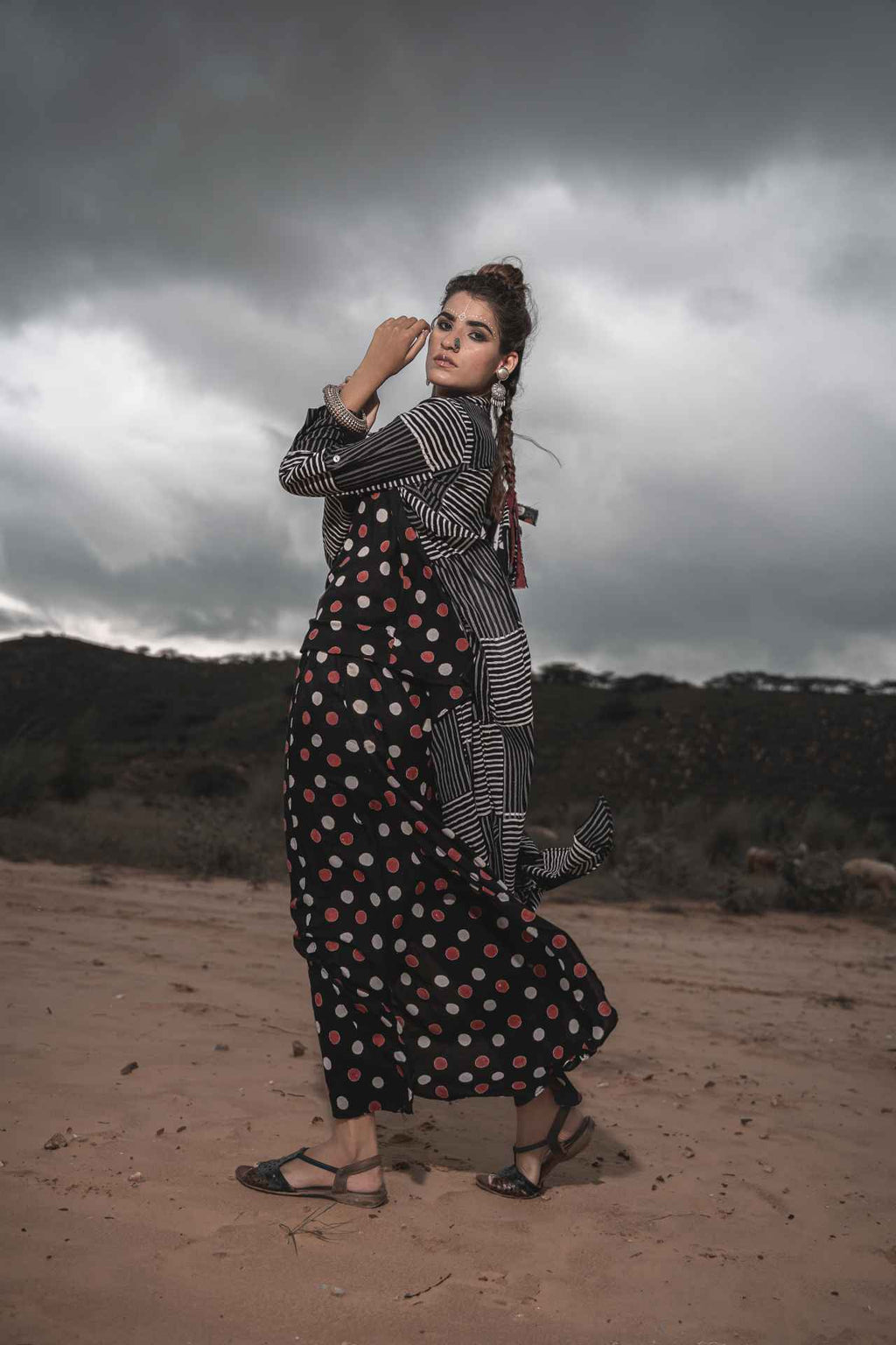 Printed Cotton Top With Asymmetric Cape And Palazzo - Set Of 3 at Kamakhyaa by Keva. This item is Black, Block Prints, Cape, Co-ord Sets, Cotton, Natural, Relaxed Fit, Resort Wear, Vacation, Vacation Co-ords, Wild Child, Womenswear