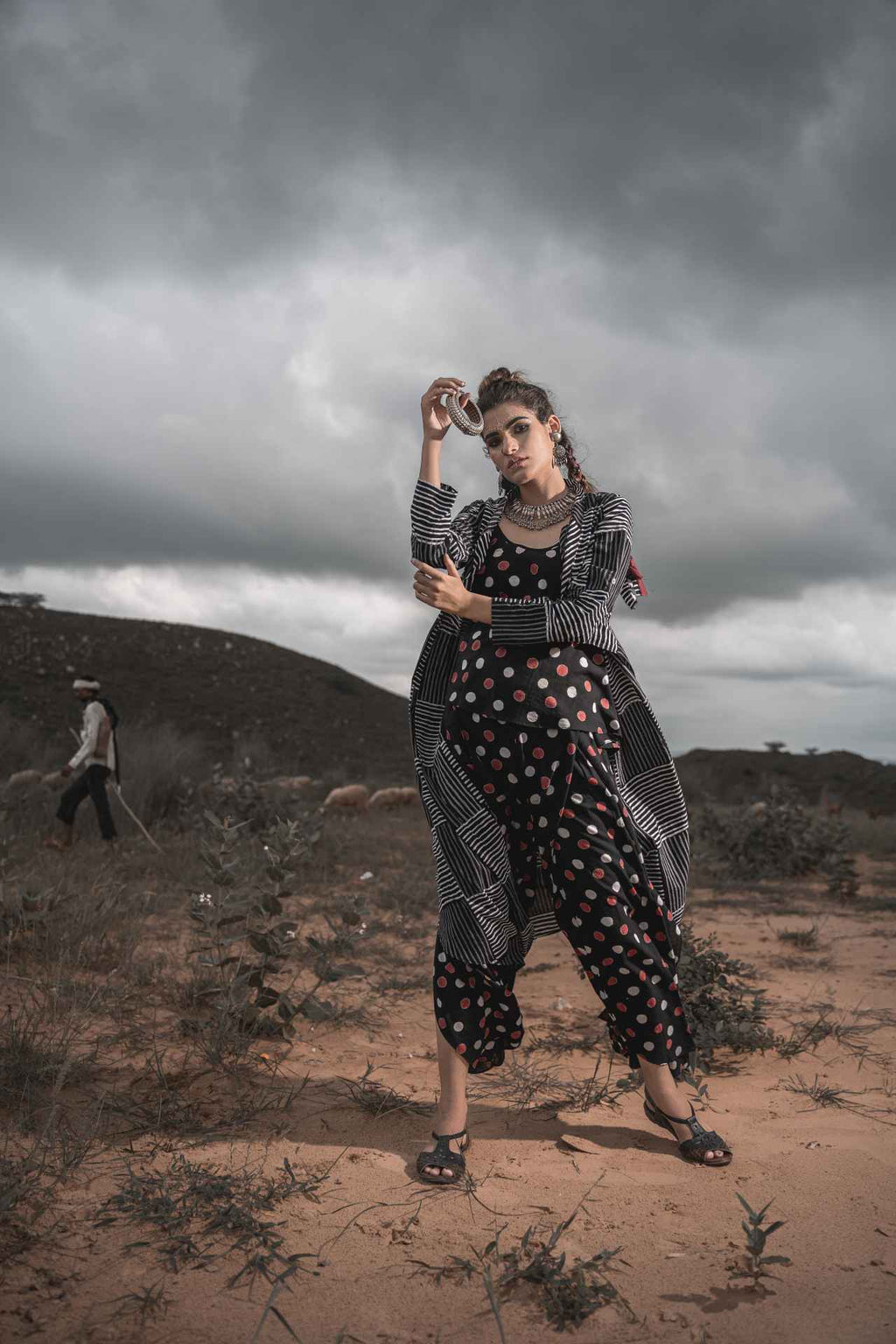 Printed Cotton Top With Asymmetric Cape And Palazzo - Set Of 3 at Kamakhyaa by Keva. This item is Black, Block Prints, Cape, Co-ord Sets, Cotton, Natural, Relaxed Fit, Resort Wear, Vacation, Vacation Co-ords, Wild Child, Womenswear