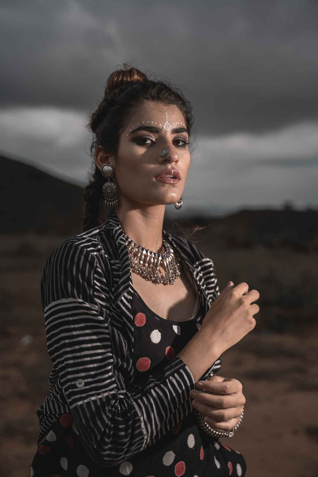 Printed Cotton Top With Asymmetric Cape And Palazzo - Set Of 3 at Kamakhyaa by Keva. This item is Black, Block Prints, Cape, Co-ord Sets, Cotton, Natural, Relaxed Fit, Resort Wear, Vacation, Vacation Co-ords, Wild Child, Womenswear