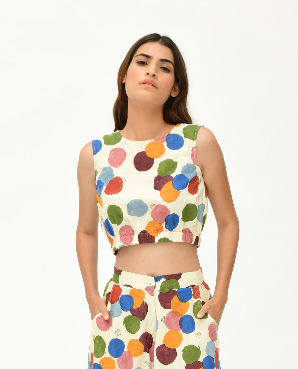 Printed Polka Dot Crop Top at Kamakhyaa by Rias Jaipur. This item is 100% Organic Cotton, Best Selling, Casual Wear, Crop Tops, Handblock Printed, Handspun, Handwoven, Off-White, Polka Dots, Prints, Relaxed Fit, Void, Void Polka, Womenswear