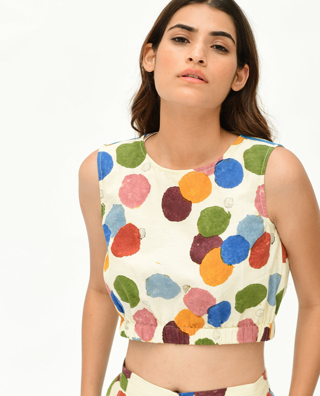 Printed Polka Dot Crop Top at Kamakhyaa by Rias Jaipur. This item is 100% Organic Cotton, Best Selling, Casual Wear, Crop Tops, Handblock Printed, Handspun, Handwoven, Off-White, Polka Dots, Prints, Relaxed Fit, Void, Void Polka, Womenswear
