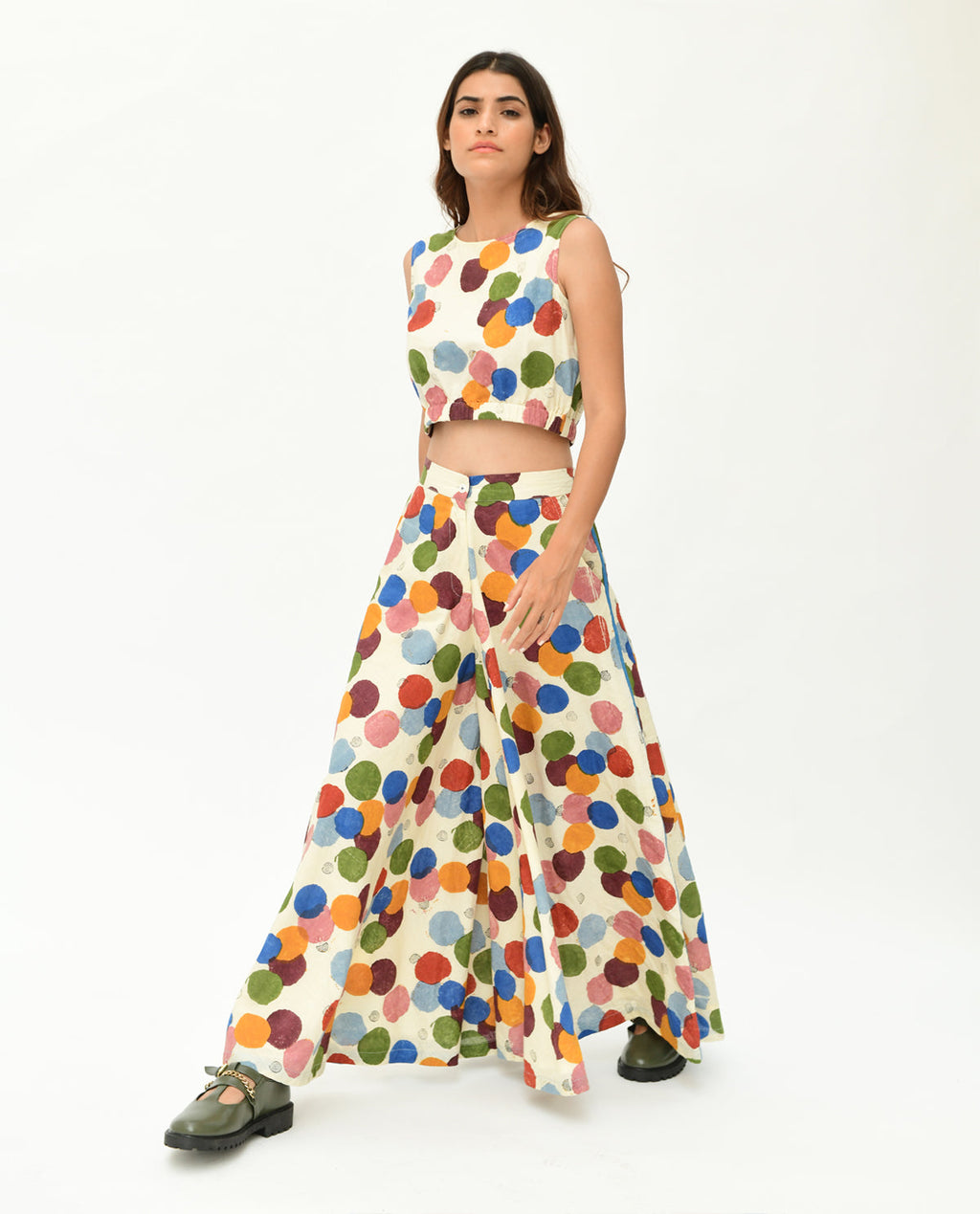 Printed Polka Dot Crop Top at Kamakhyaa by Rias Jaipur. This item is 100% Organic Cotton, Best Selling, Casual Wear, Crop Tops, Handblock Printed, Handspun, Handwoven, Off-White, Polka Dots, Prints, Relaxed Fit, Void, Void Polka, Womenswear