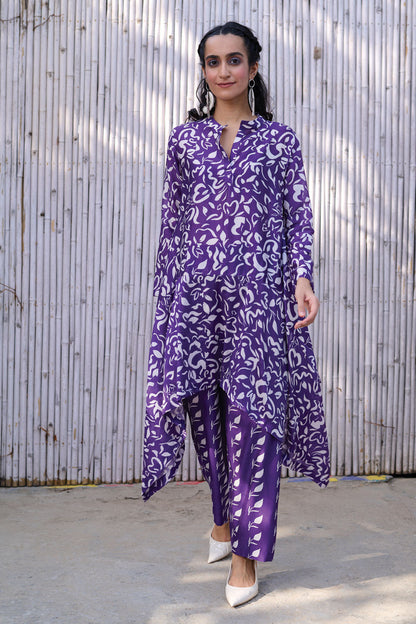 Printed Two Piece Set at Kamakhyaa by Kanelle. This item is Chanderi, Festive Wear, Natural, Partywear Co-ord, Partywear Co-ords, Printed, Purple, Rang, Relaxed Fit, Womenswear