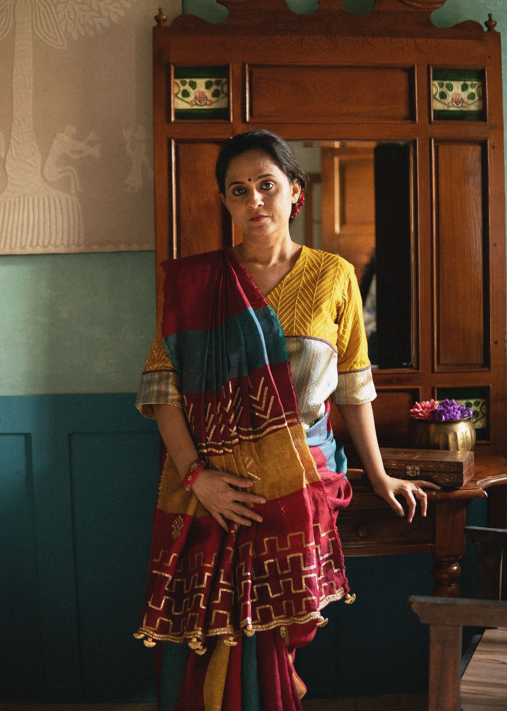 Pure Linen Maroon Saree at Kamakhyaa by Aeka. This item is Embroidered, Festive Wear, For Mother, Gota Patti, Indian Wear, Linen, Natural, Red, Regular Fit, Saree Sets, Womenswear