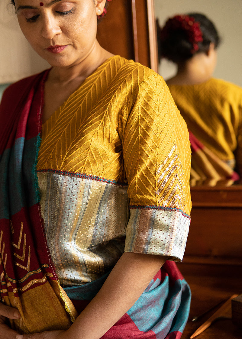 Pure Linen Maroon Saree at Kamakhyaa by Aeka. This item is Embroidered, Festive Wear, For Mother, Gota Patti, Indian Wear, Linen, Natural, Red, Regular Fit, Saree Sets, Womenswear