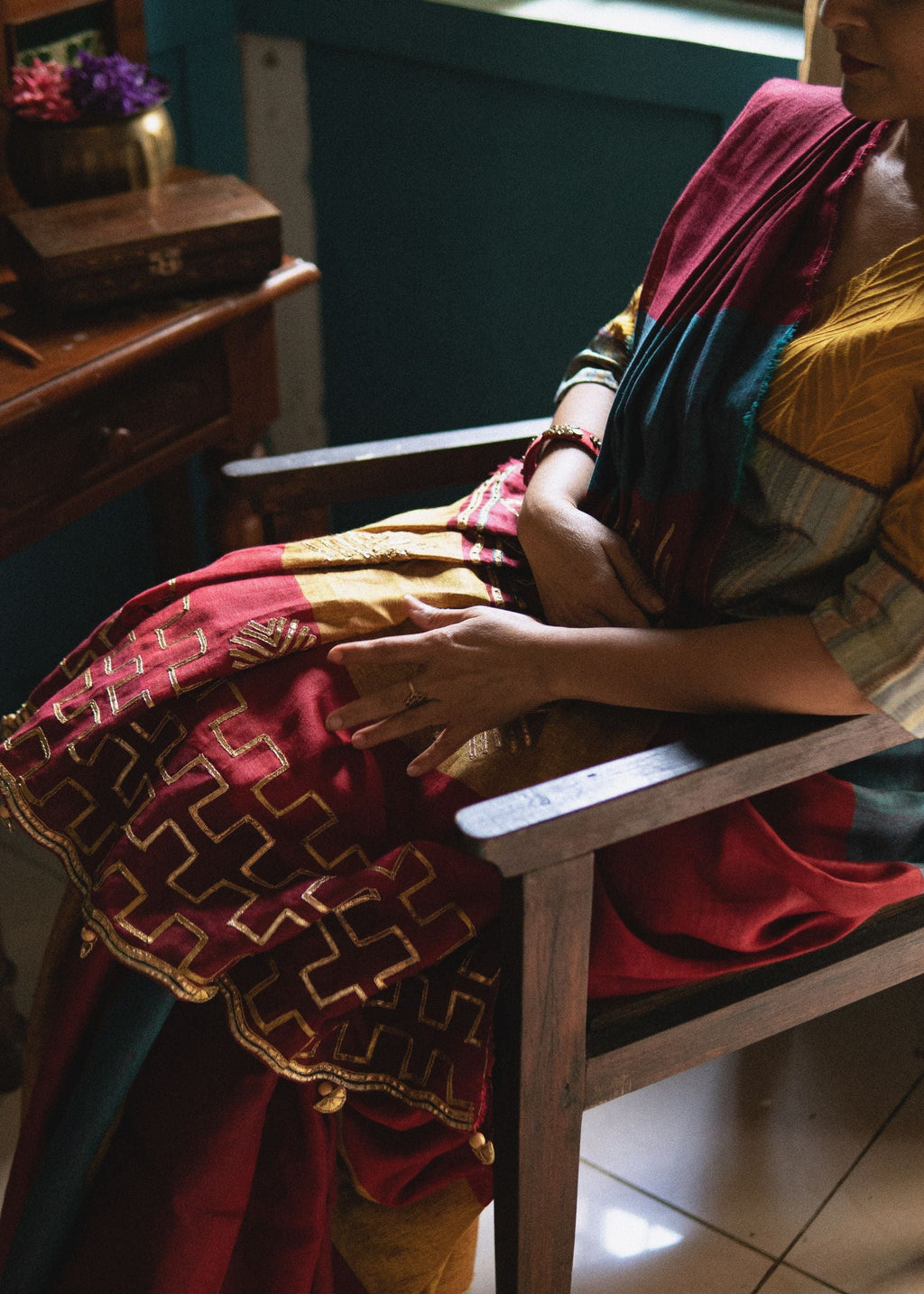 Pure Linen Maroon Saree at Kamakhyaa by Aeka. This item is Embroidered, Festive Wear, For Mother, Gota Patti, Indian Wear, Linen, Natural, Red, Regular Fit, Saree Sets, Womenswear