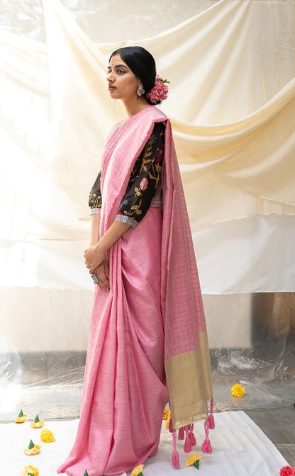 Pure Linen Pink Saree at Kamakhyaa by Aeka. This item is Checks, Festive Wear, For Mother, Indian Wear, Linen, Natural, Pink, Regular Fit, Saree Sets, Womenswear