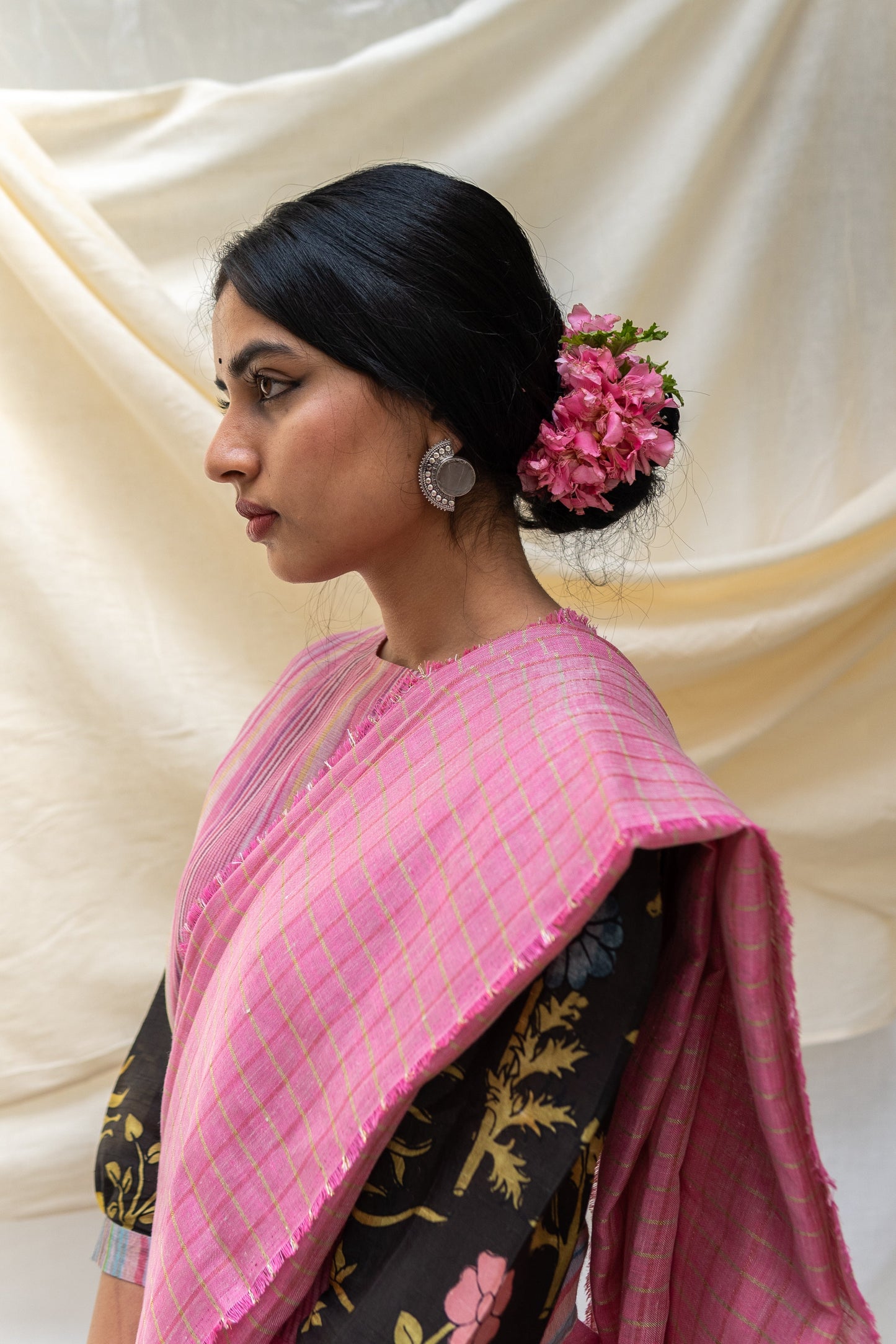 Pure Linen Pink Saree at Kamakhyaa by Aeka. This item is Checks, Festive Wear, For Mother, Indian Wear, Linen, Natural, Pink, Regular Fit, Saree Sets, Womenswear
