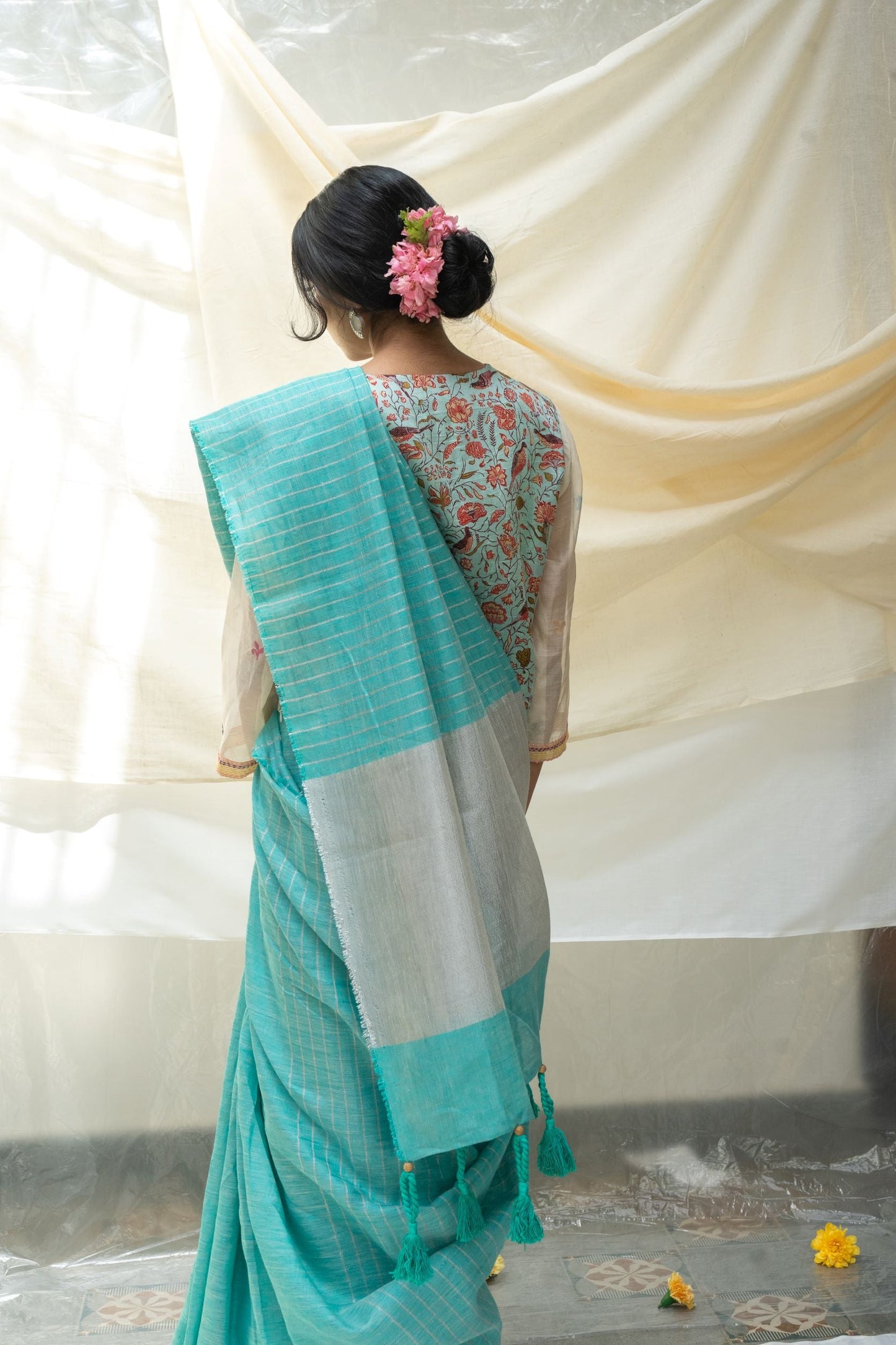 Pure Linen Turquoise Saree at Kamakhyaa by Aeka. This item is Blue, Checks, Festive Wear, For Mother, Indian Wear, Linen, Natural, Regular Fit, Saree Sets, Womenswear