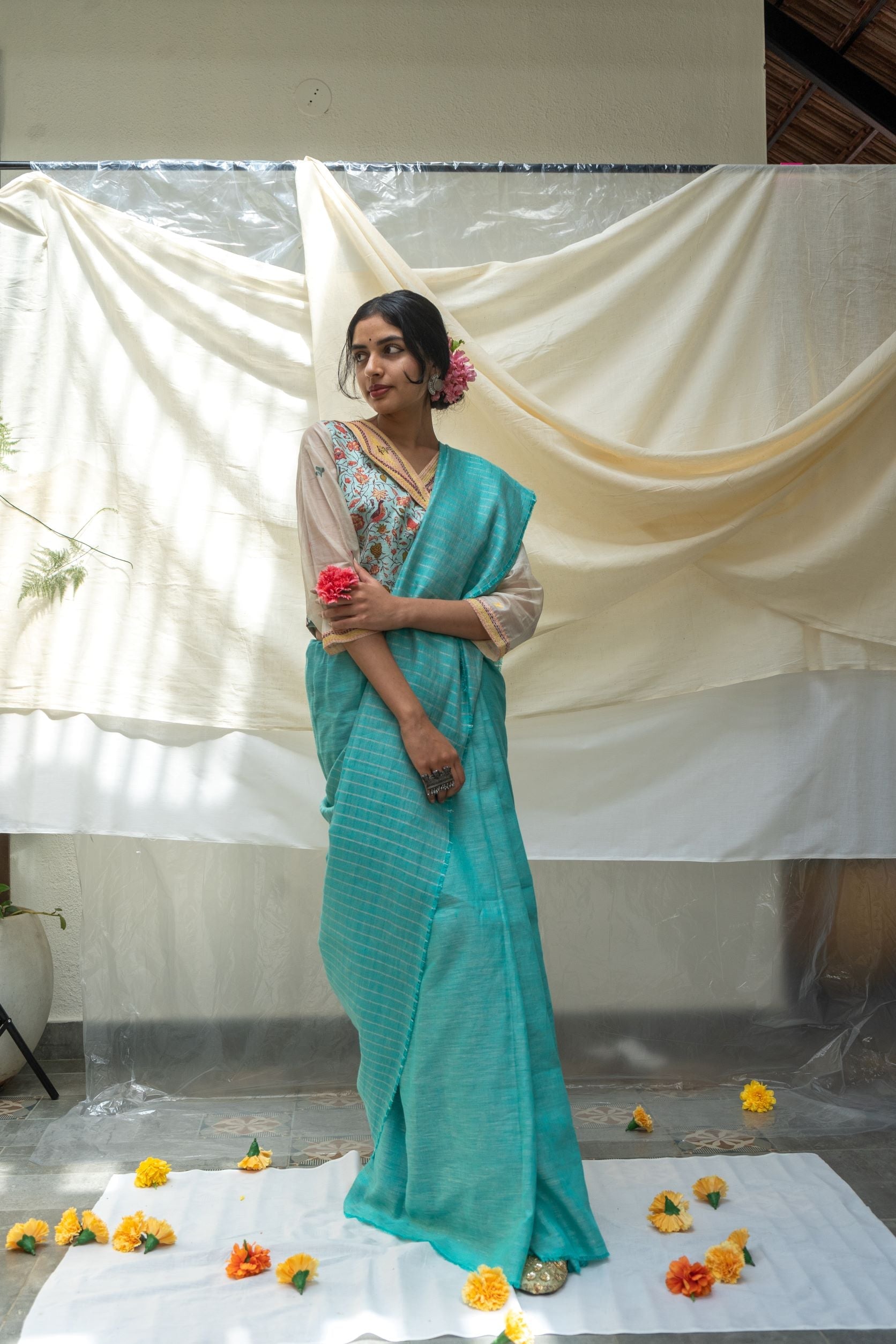 Pure Linen Turquoise Saree at Kamakhyaa by Aeka. This item is Blue, Checks, Festive Wear, For Mother, Indian Wear, Linen, Natural, Regular Fit, Saree Sets, Womenswear