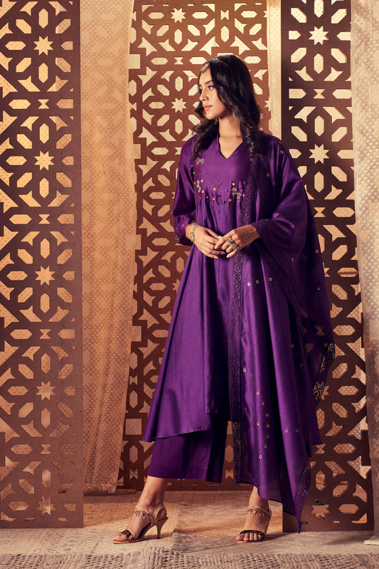 Purple Chanderi Anarkali - Set of 3 at Kamakhyaa by Charkhee. This item is Anarkali Set, Chanderi, Cotton, Embroidered, Ethnic Wear, Indian Wear, Kurta Palazzo Sets, Kurta Set With Dupatta, Naayaab, Natural, Nayaab, Purple, Relaxed Fit, Womenswear