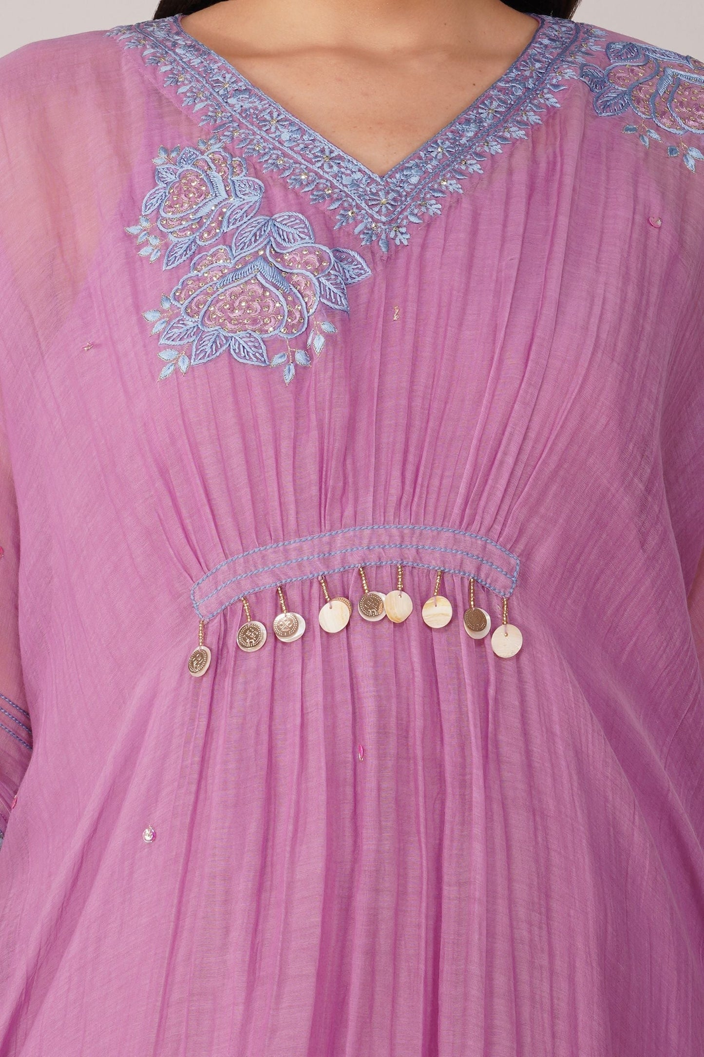 Purple Chanderi Gathered Kaftan at Kamakhyaa by Devyani Mehrotra. This item is Chanderi, Embellished, Indian Wear, Natural, Party Wear, Purple, Regular Fit, Womenswear